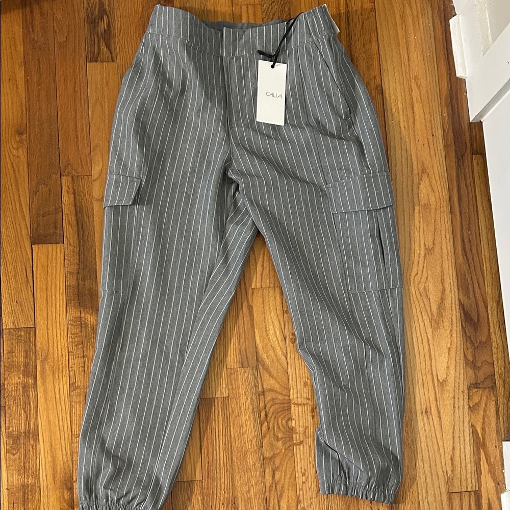 Calia Hi-Rise Gray Pinstripe Cargo Jogger Pants